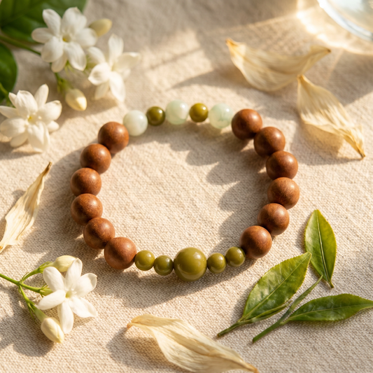 【Steeped】HERBAL SCENT Warm Brown & Mint-Green Beaded Botanical Bracelet - Jasmine & Longjing Tea Emotional Ease Heritage Blend, 100% Pet-Safe