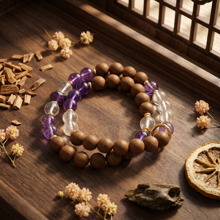 【Lucent】HERBAL SCENT Sandalwood & Amethyst Double-Strand Bracelet - Agarwood & Albizia Mind-Clarity Blend, Pet-Friendly