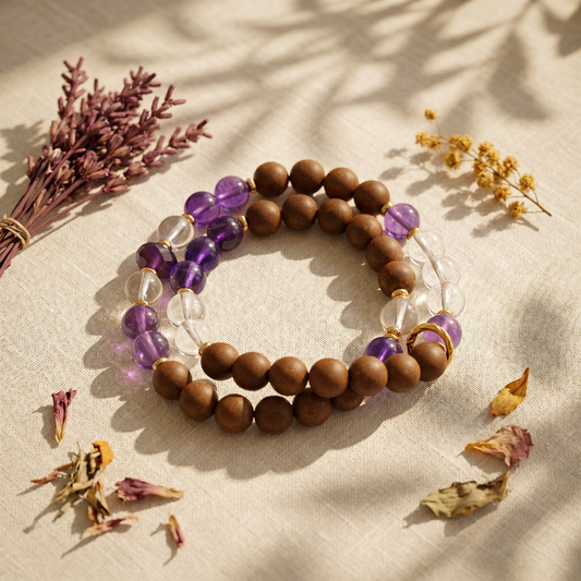 【Lucent】HERBAL SCENT Sandalwood & Amethyst Double-Strand Bracelet - Agarwood & Albizia Mind-Clarity Blend, Pet-Friendly