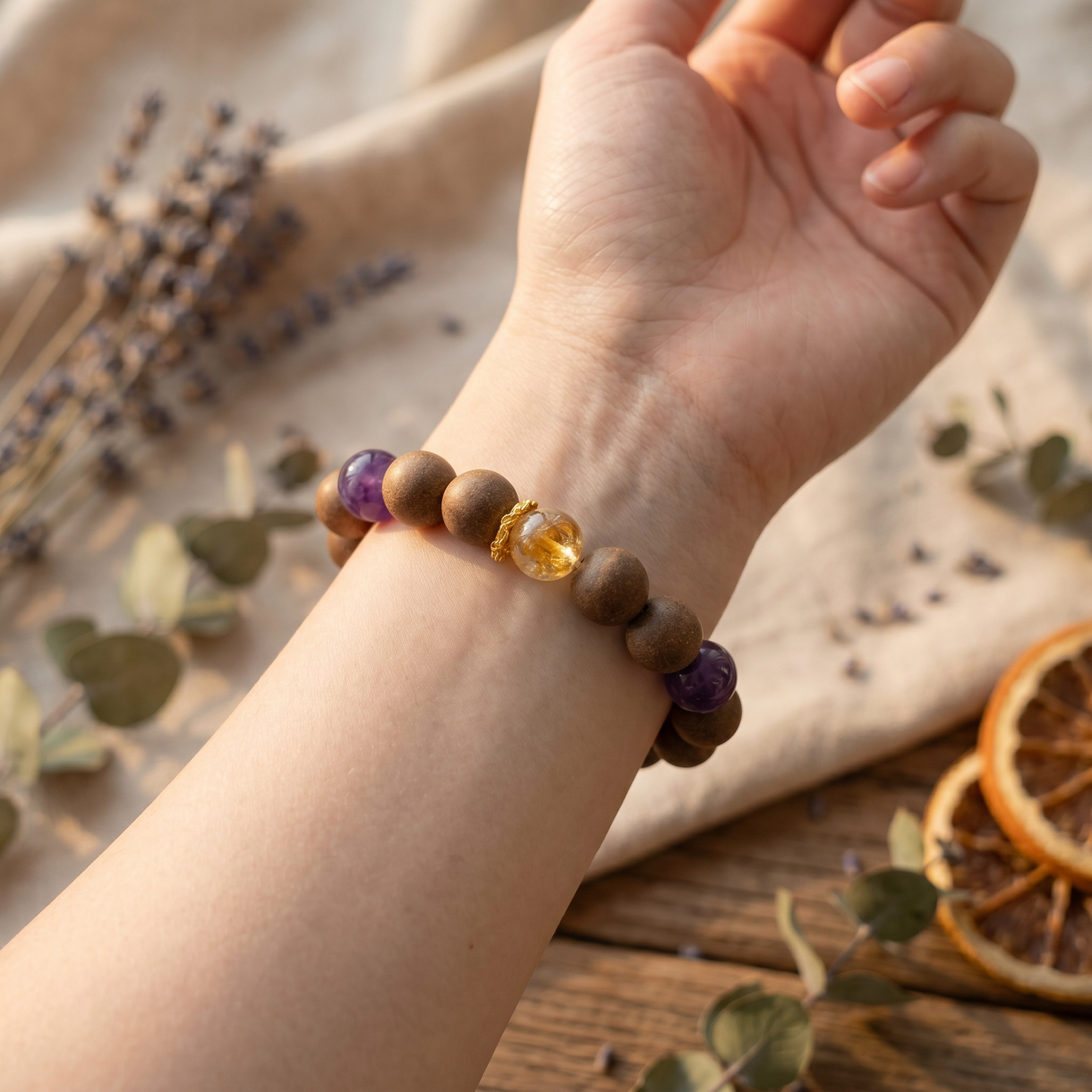 【Ripened】HERBAL SCENT Amber & Amethyst Crystal Bracelet - Lychee & Black Ginseng Fruity Yin Vitality & Fatigue Relief