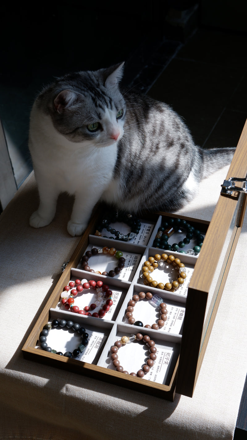 Pet-safe natural botanical herbal charms in a wooden tray, safe around cats, dogs and children