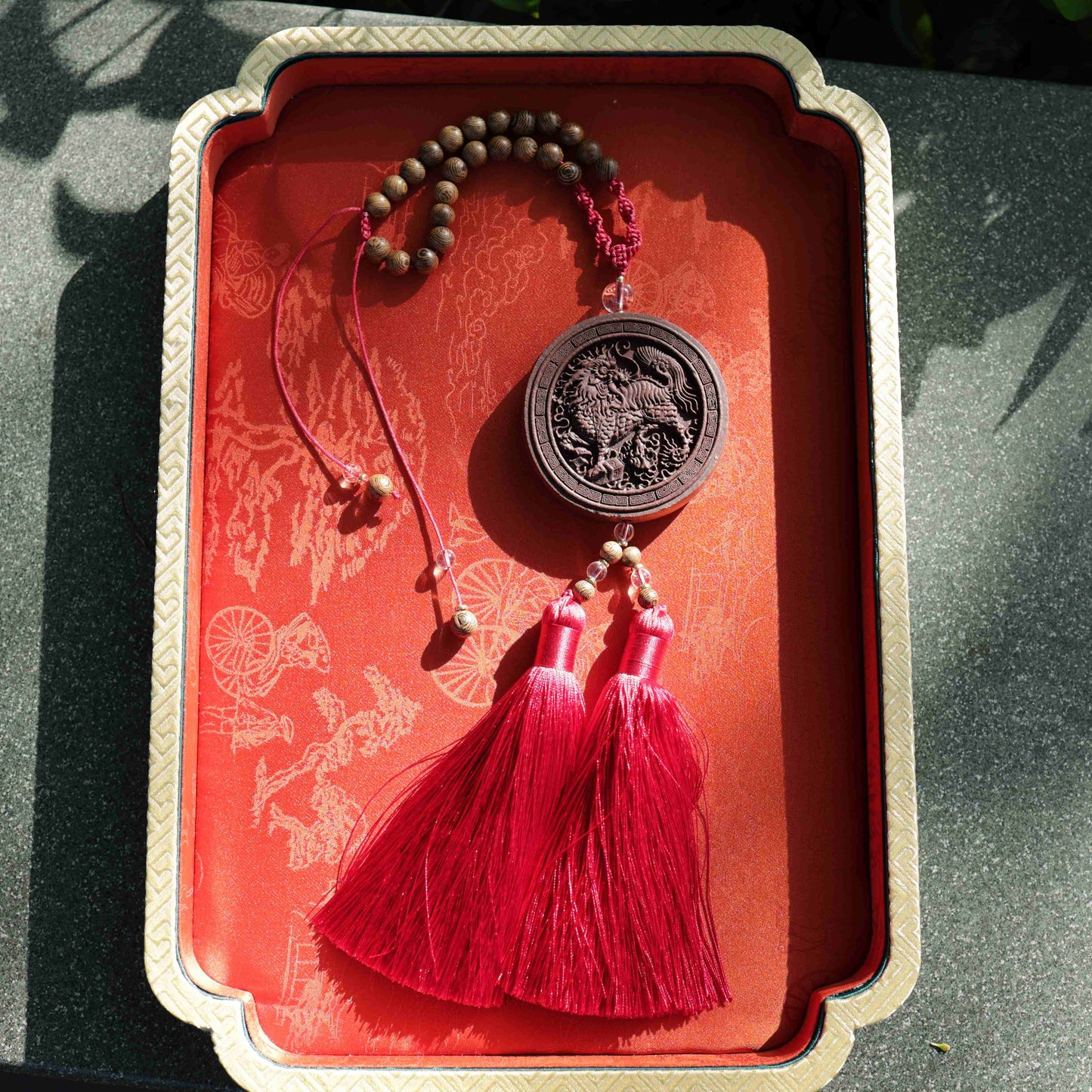 Ardent Herbal Scent chicken wing wood Kirin car charm with red tassels botanical pet-friendly