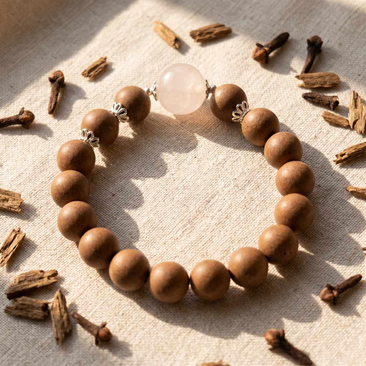 【Solace】HERBAL SCENT Rose Quartz & Agarwood Beaded Bracelet - Goose Pear & Sandalwood Floral Heritage Blend, Mind-Calming