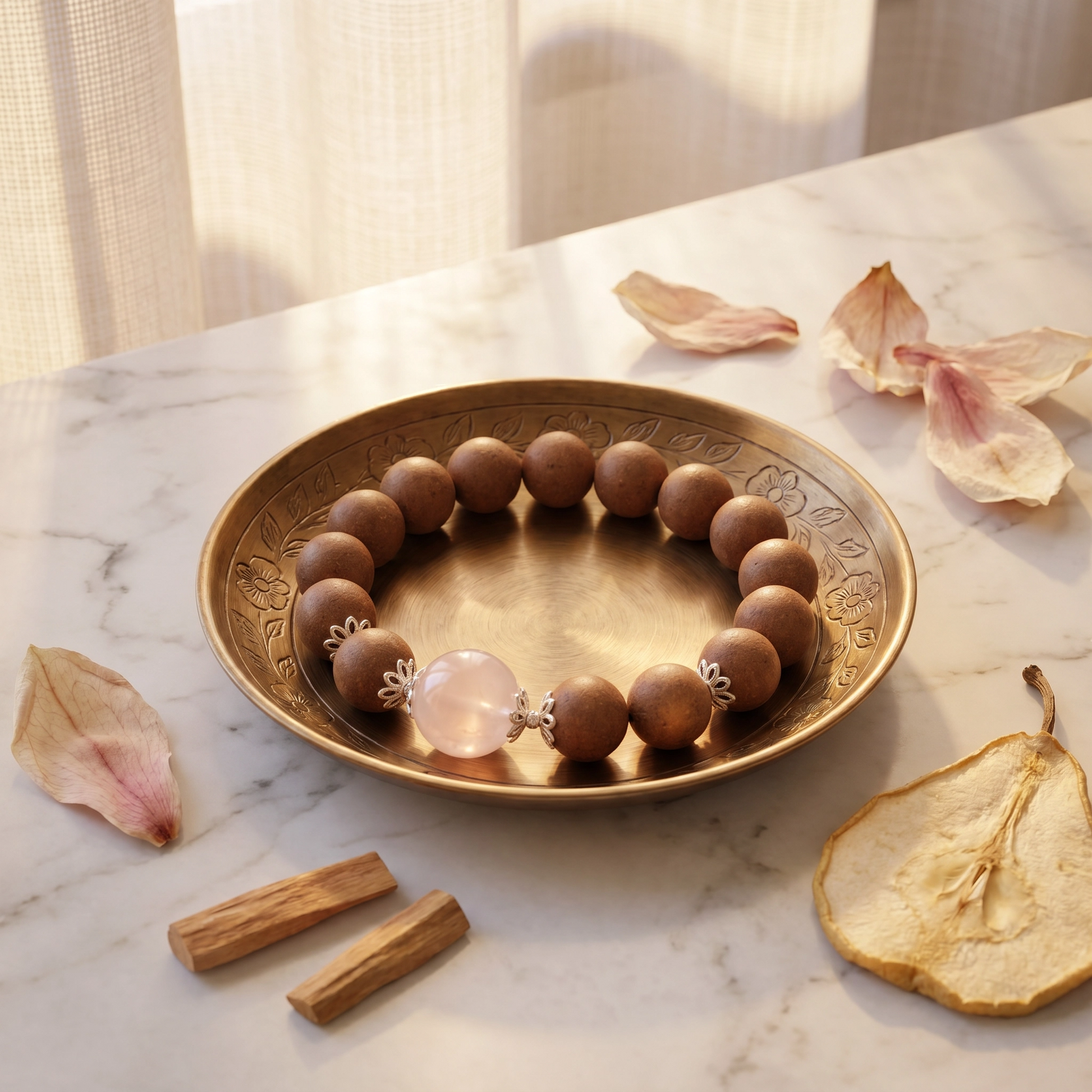 【Solace】HERBAL SCENT Rose Quartz & Agarwood Beaded Bracelet - Goose Pear & Sandalwood Floral Heritage Blend, Mind-Calming
