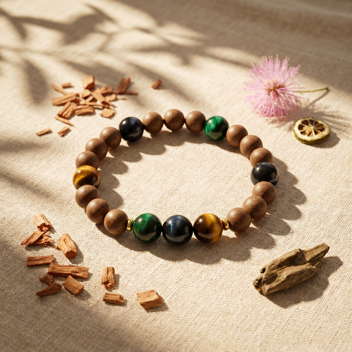 【Keen】HERBAL SCENT Sandalwood & Tiger's Eye Bracelet - Agarwood & Albizia Mind-Clarity Blend, Pet-Friendly