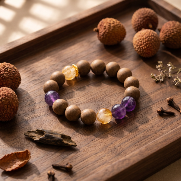 【Ripened】HERBAL SCENT Amber & Amethyst Crystal Bracelet - Lychee & Black Ginseng Fruity Yin Vitality & Fatigue Relief