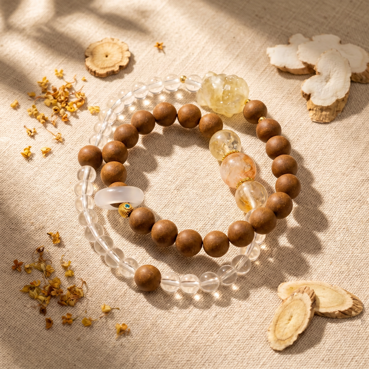 【Honeyed】HERBAL SCENT Amber Fox & Crystal Double-Strand Bracelet - Ginseng & Osmanthus Warming Floral Blend, 100% Pet-Safe