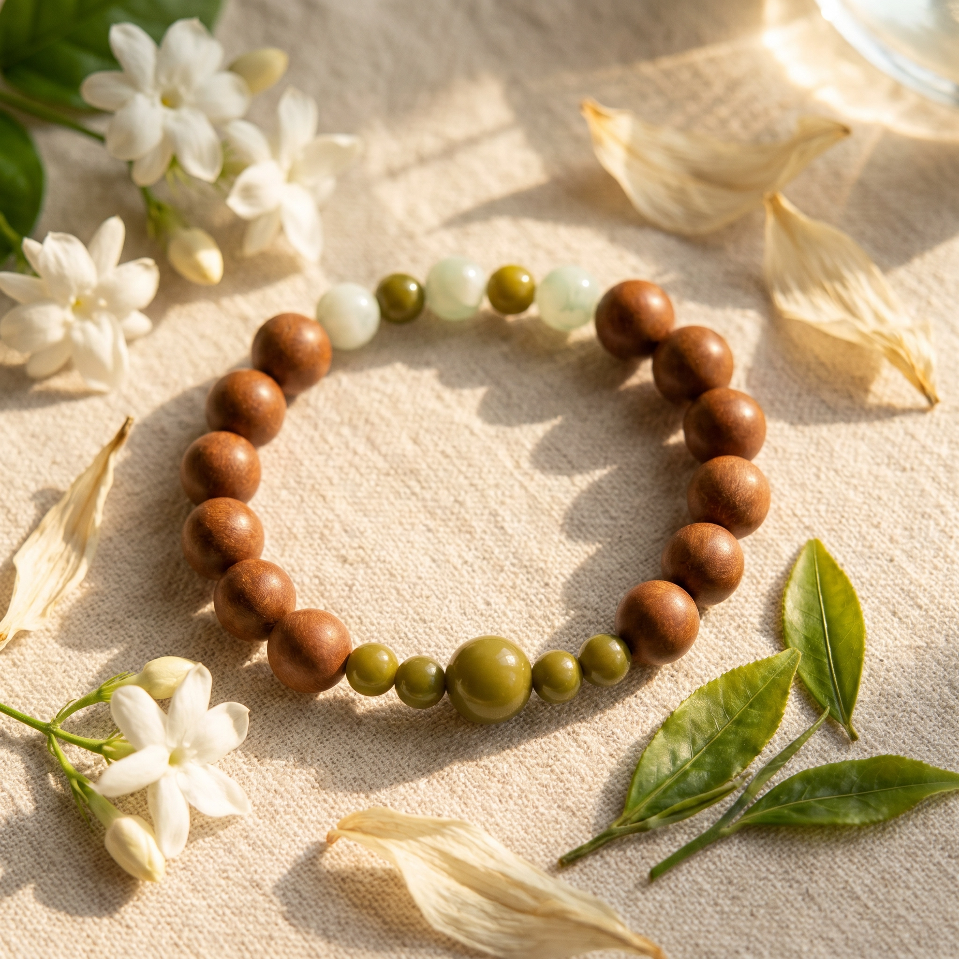 【Steeped】HERBAL SCENT Warm Brown & Mint-Green Beaded Botanical Bracelet - Jasmine & Longjing Tea Emotional Ease Heritage Blend, 100% Pet-Safe