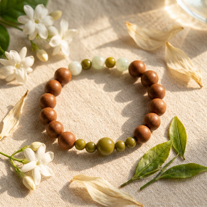 【Steeped】HERBAL SCENT Warm Brown & Mint-Green Beaded Botanical Bracelet - Jasmine & Longjing Tea Emotional Ease Heritage Blend, 100% Pet-Safe