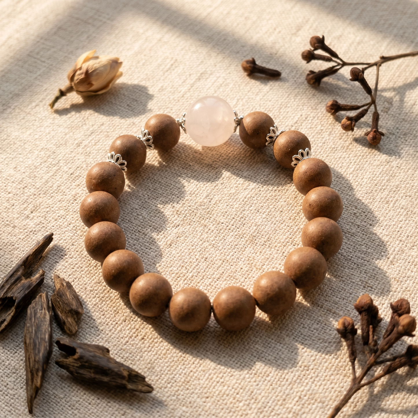 【Solace】HERBAL SCENT Rose Quartz & Agarwood Beaded Bracelet - Goose Pear & Sandalwood Floral Heritage Blend, Mind-Calming