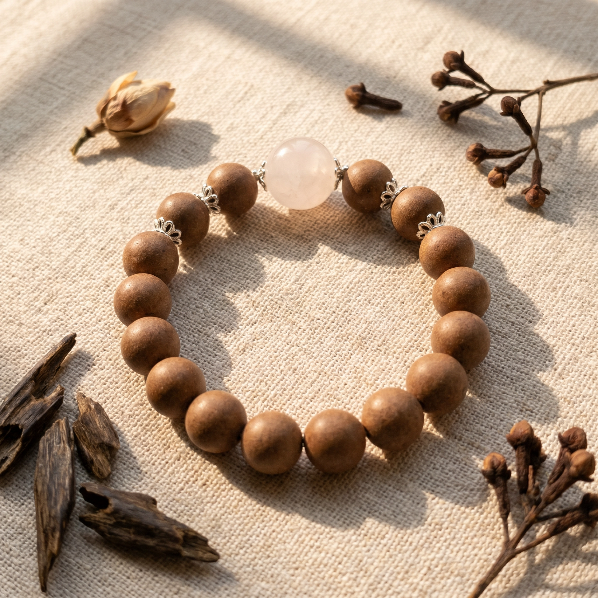 【Solace】HERBAL SCENT Rose Quartz & Agarwood Beaded Bracelet - Goose Pear & Sandalwood Floral Heritage Blend, Mind-Calming