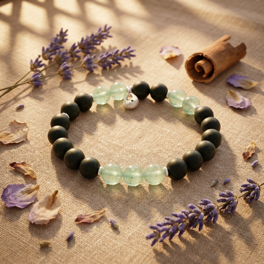 【Quiescent】HERBAL SCENT Matte Black & Light Green Crystal Bracelet - Fo-Ti & Lavender Restful Calm, 100% Pet-Safe