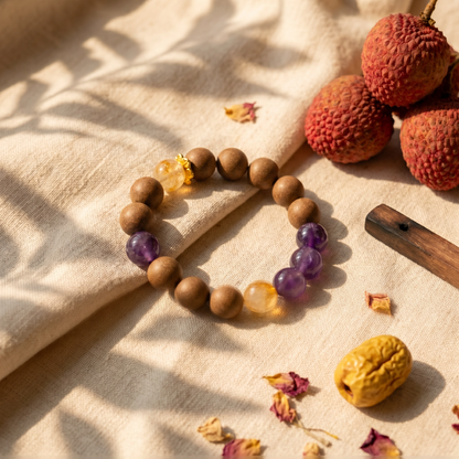 【Ripened】HERBAL SCENT Amber & Amethyst Crystal Bracelet - Lychee & Black Ginseng Fruity Yin Vitality & Fatigue Relief