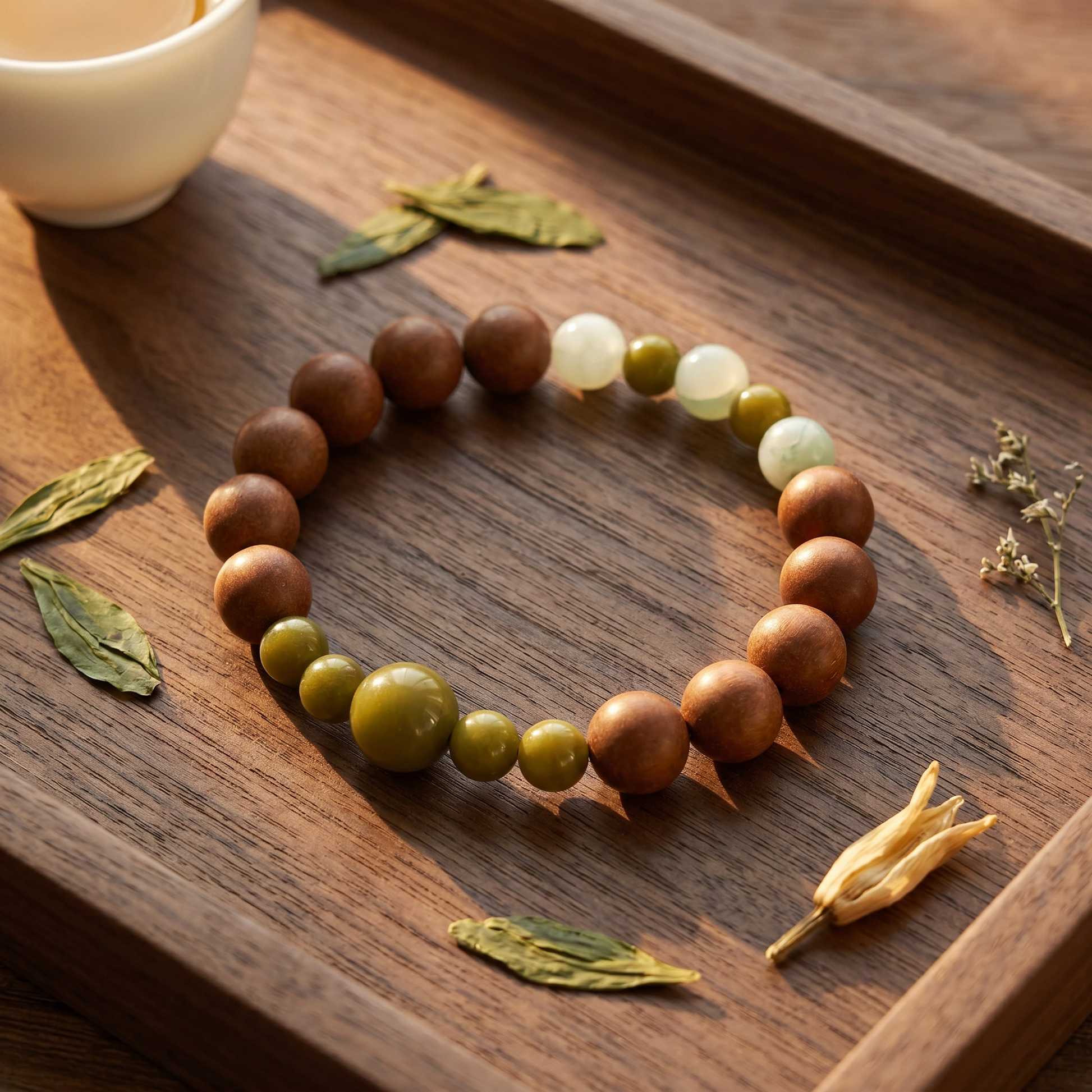 【Steeped】HERBAL SCENT Warm Brown & Mint-Green Beaded Botanical Bracelet - Jasmine & Longjing Tea Emotional Ease Heritage Blend, 100% Pet-Safe