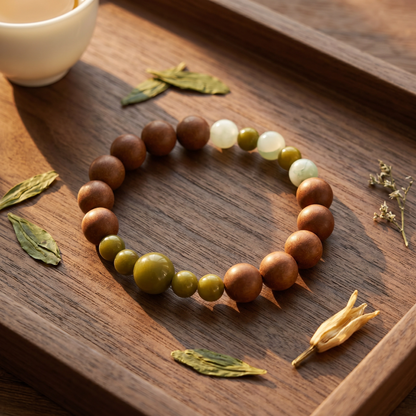 【Steeped】HERBAL SCENT Warm Brown & Mint-Green Beaded Botanical Bracelet - Jasmine & Longjing Tea Emotional Ease Heritage Blend, 100% Pet-Safe