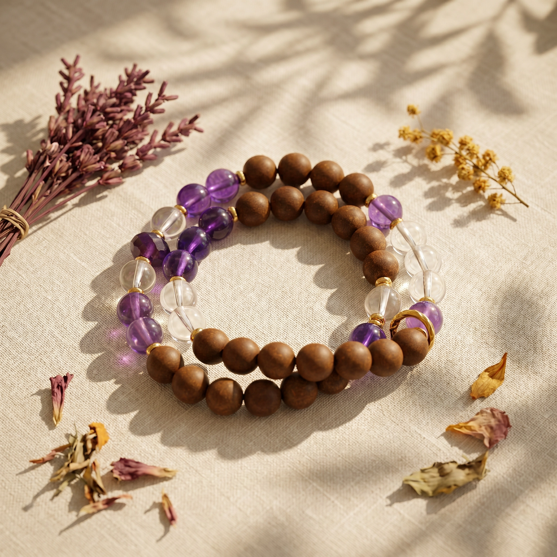 【Lucent】HERBAL SCENT Sandalwood & Amethyst Double-Strand Bracelet - Agarwood & Albizia Mind-Clarity Blend, Pet-Friendly