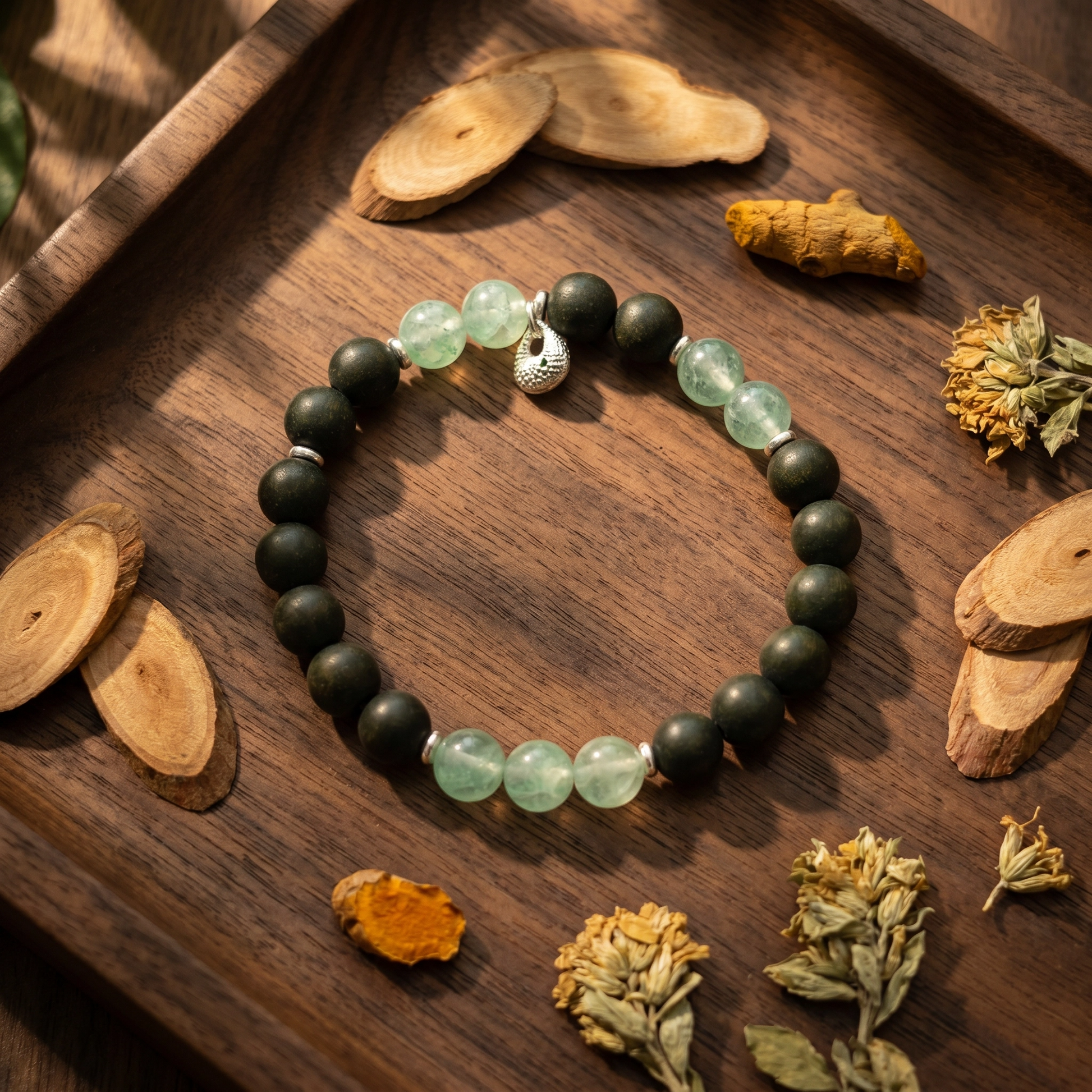 【Quiescent】HERBAL SCENT Matte Black & Light Green Crystal Bracelet - Fo-Ti & Lavender Restful Calm, 100% Pet-Safe