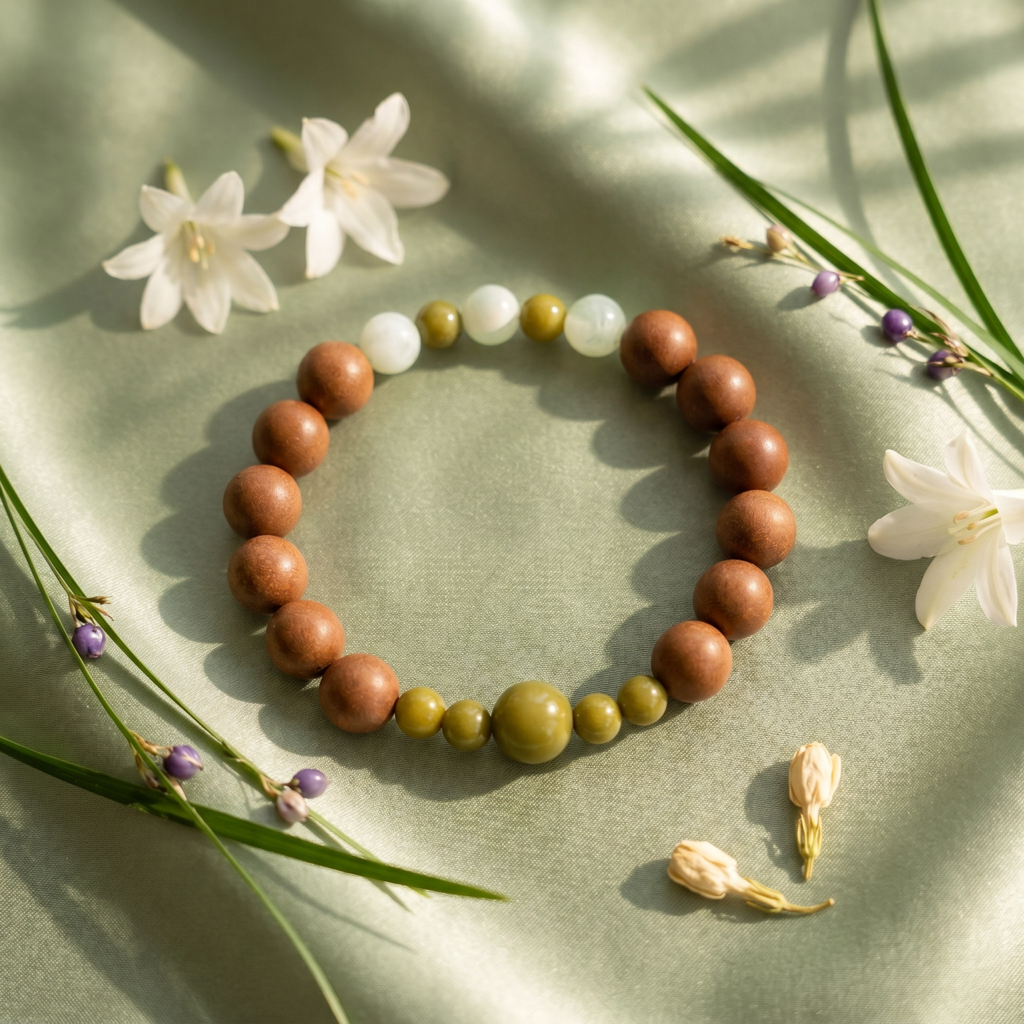 【Steeped】HERBAL SCENT Warm Brown & Mint-Green Beaded Botanical Bracelet - Jasmine & Longjing Tea Emotional Ease Heritage Blend, 100% Pet-Safe