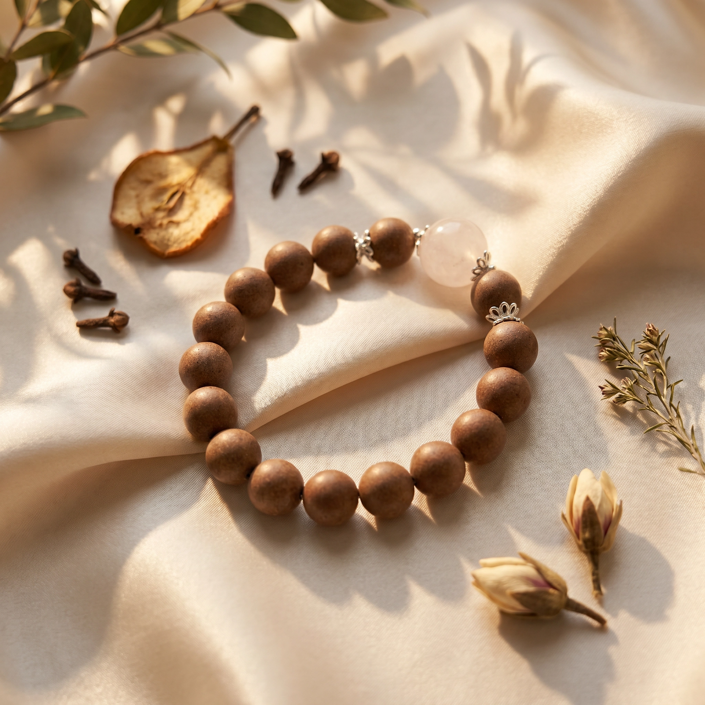 【Solace】HERBAL SCENT Rose Quartz & Agarwood Beaded Bracelet - Goose Pear & Sandalwood Floral Heritage Blend, Mind-Calming