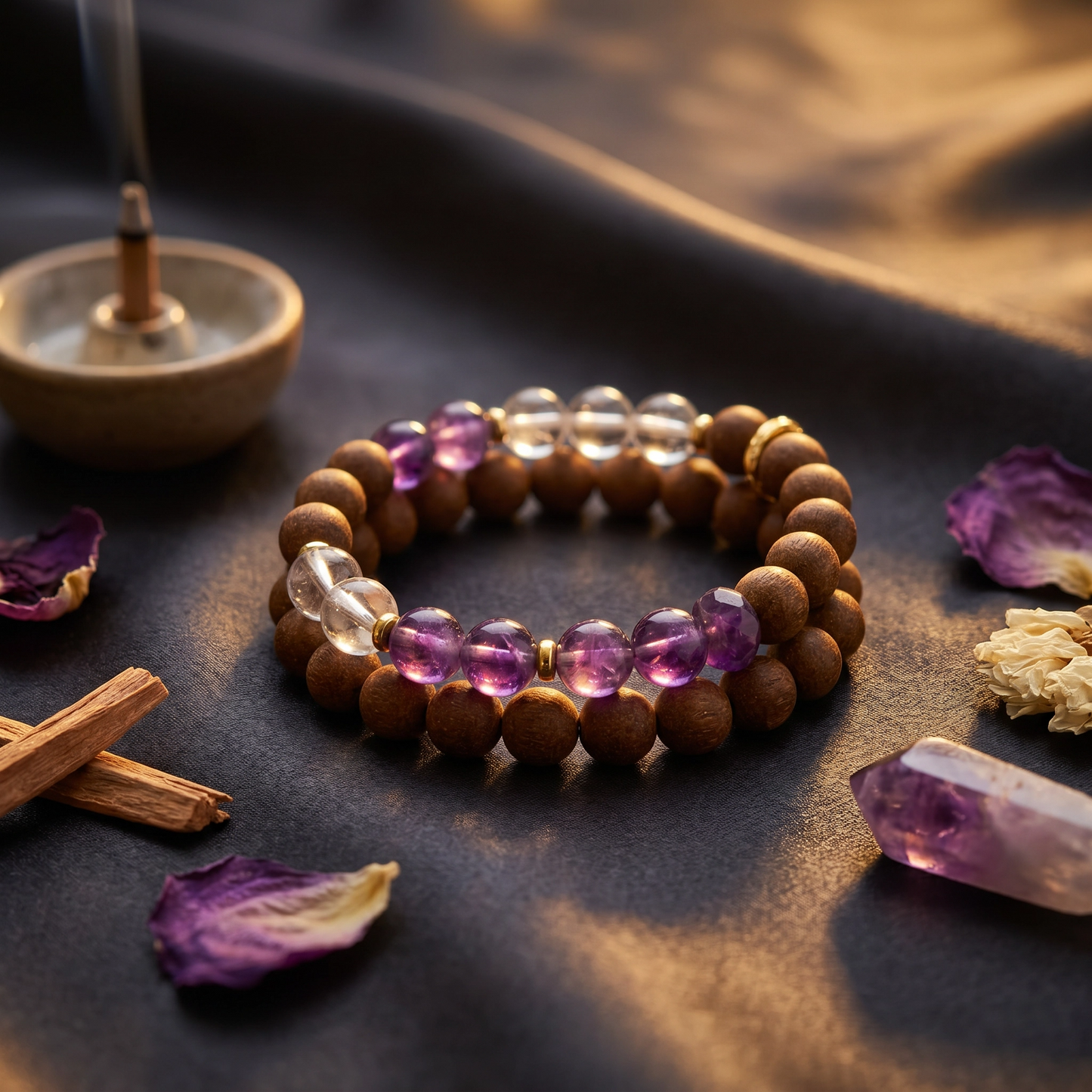 【Lucent】HERBAL SCENT Sandalwood & Amethyst Double-Strand Bracelet - Agarwood & Albizia Mind-Clarity Blend, Pet-Friendly