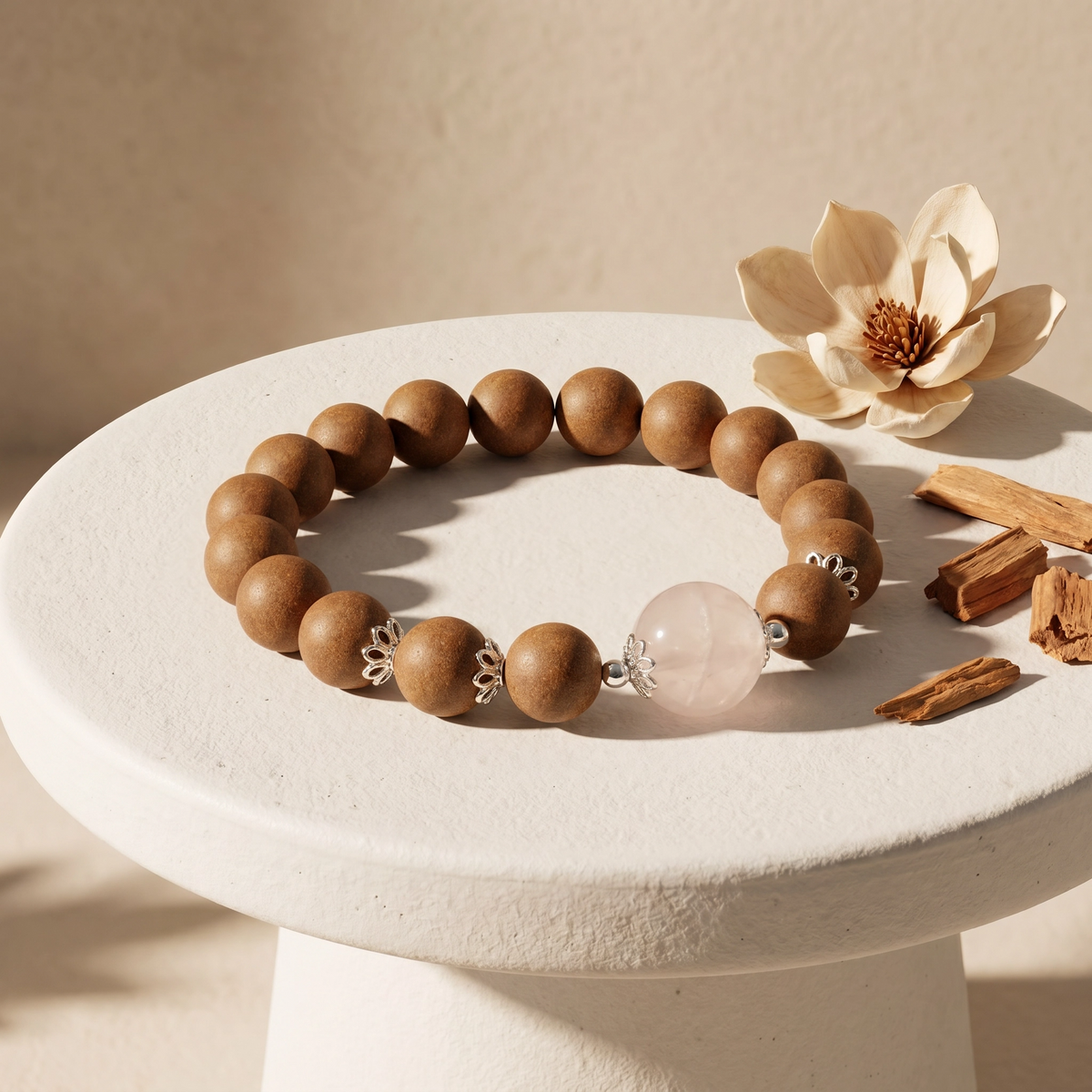 【Solace】HERBAL SCENT Rose Quartz & Agarwood Beaded Bracelet - Goose Pear & Sandalwood Floral Heritage Blend, Mind-Calming