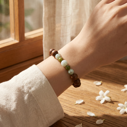 【Steeped】HERBAL SCENT Warm Brown & Mint-Green Beaded Botanical Bracelet - Jasmine & Longjing Tea Emotional Ease Heritage Blend, 100% Pet-Safe