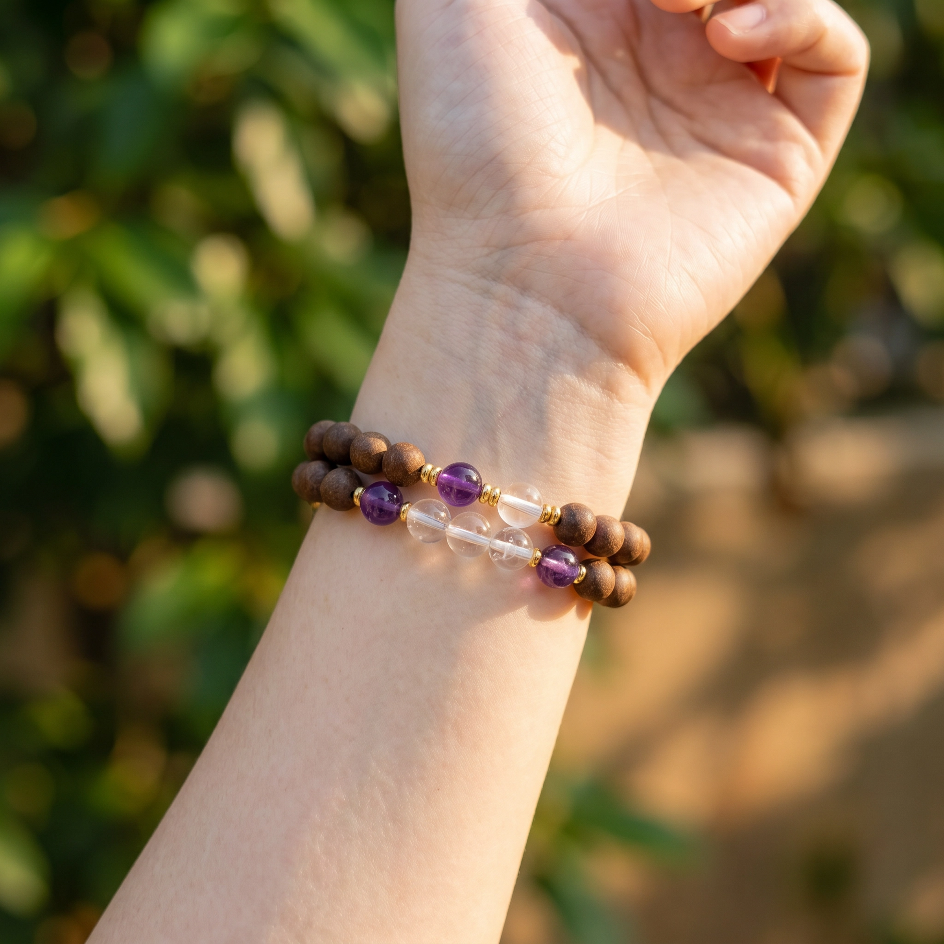 【Lucent】HERBAL SCENT Sandalwood & Amethyst Double-Strand Bracelet - Agarwood & Albizia Mind-Clarity Blend, Pet-Friendly
