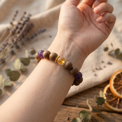 【Ripened】HERBAL SCENT Amber & Amethyst Crystal Bracelet - Lychee & Black Ginseng Fruity Yin Vitality & Fatigue Relief