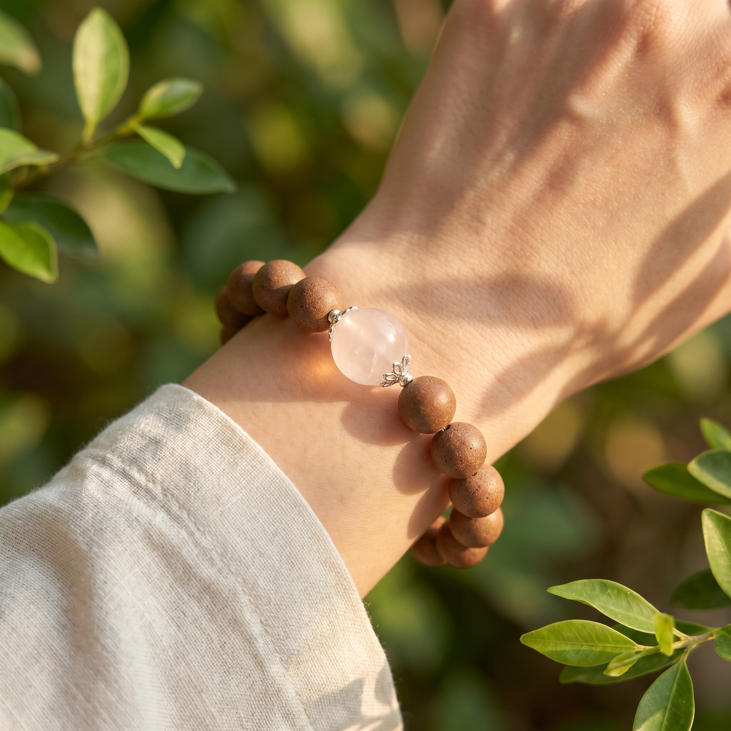 【Solace】HERBAL SCENT Rose Quartz & Agarwood Beaded Bracelet - Goose Pear & Sandalwood Floral Heritage Blend, Mind-Calming