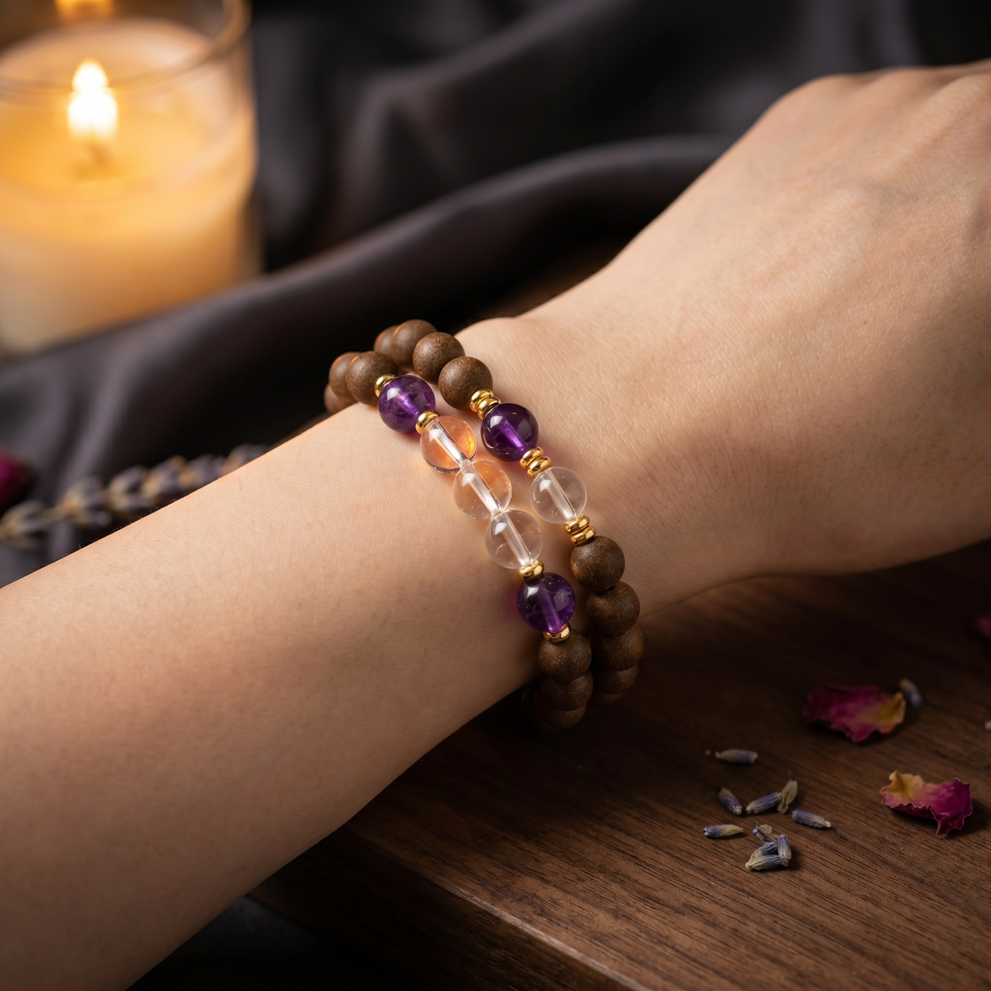 【Lucent】HERBAL SCENT Sandalwood & Amethyst Double-Strand Bracelet - Agarwood & Albizia Mind-Clarity Blend, Pet-Friendly