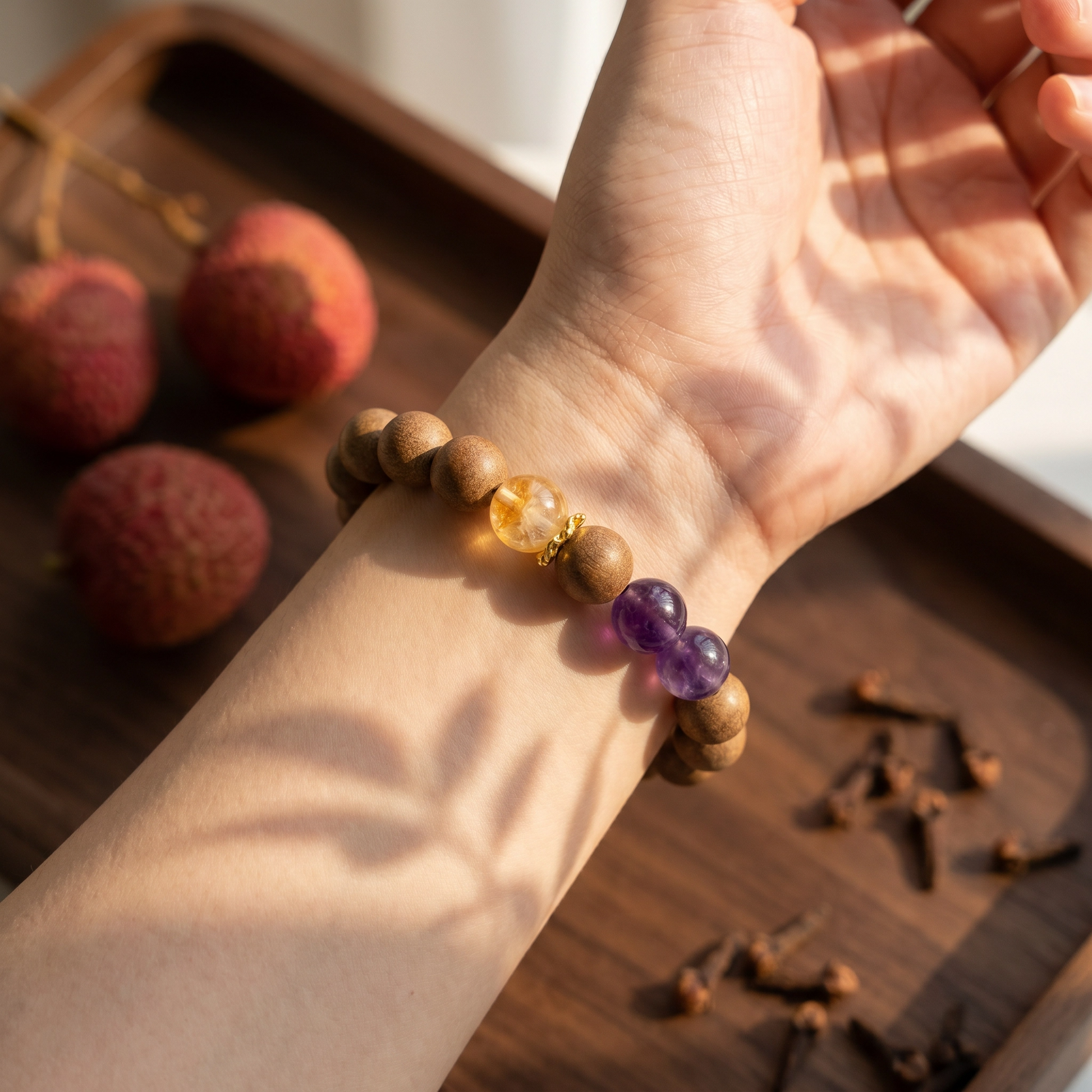 【Ripened】HERBAL SCENT Amber & Amethyst Crystal Bracelet - Lychee & Black Ginseng Fruity Yin Vitality & Fatigue Relief
