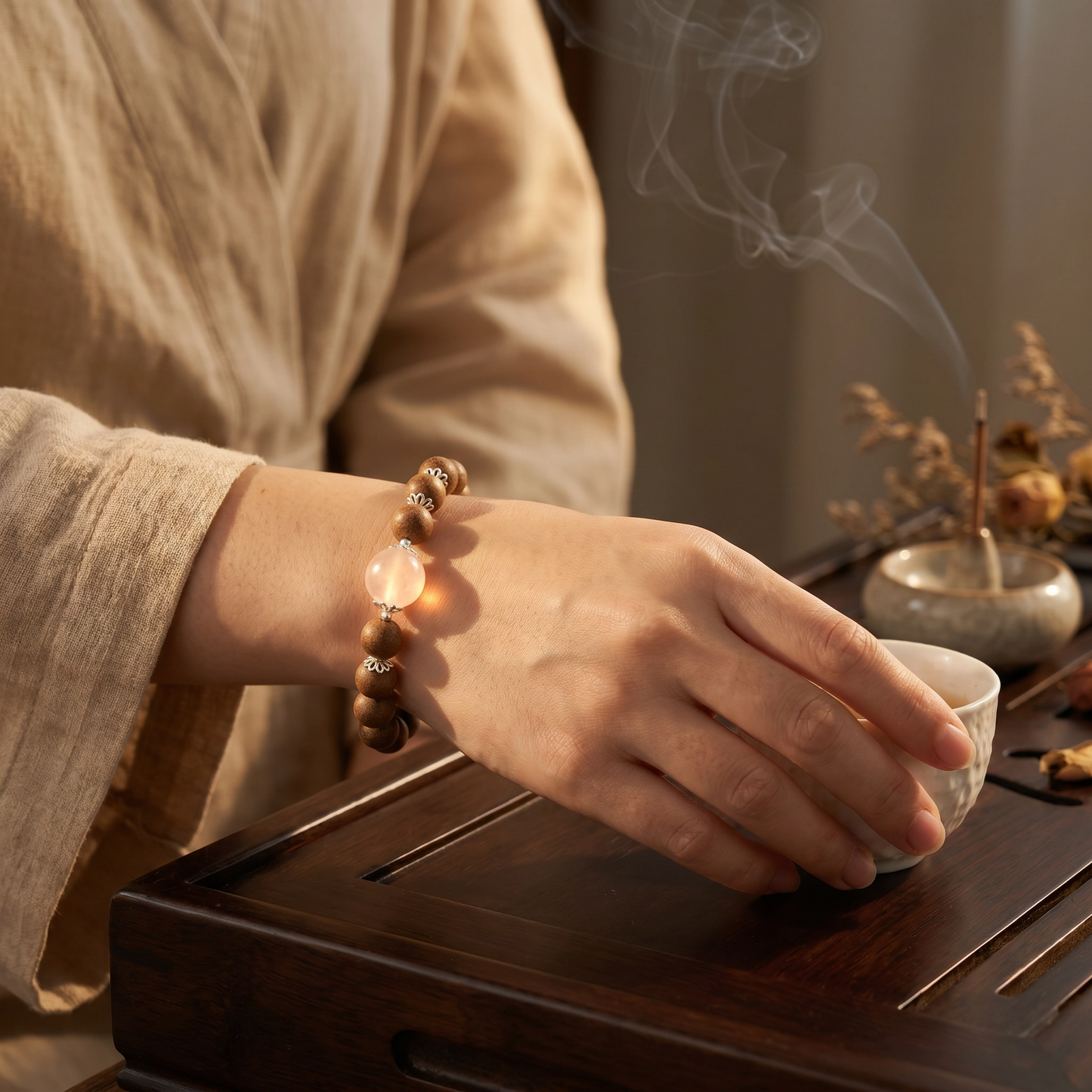 【Solace】HERBAL SCENT Rose Quartz & Agarwood Beaded Bracelet - Goose Pear & Sandalwood Floral Heritage Blend, Mind-Calming