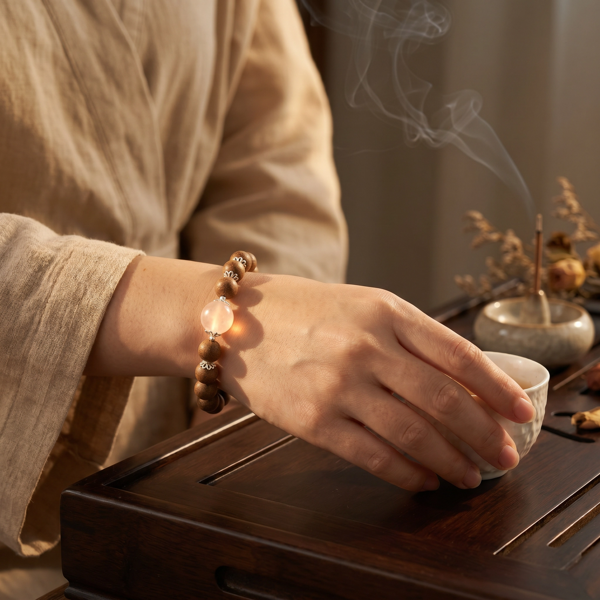 【Solace】HERBAL SCENT Rose Quartz & Agarwood Beaded Bracelet - Goose Pear & Sandalwood Floral Heritage Blend, Mind-Calming