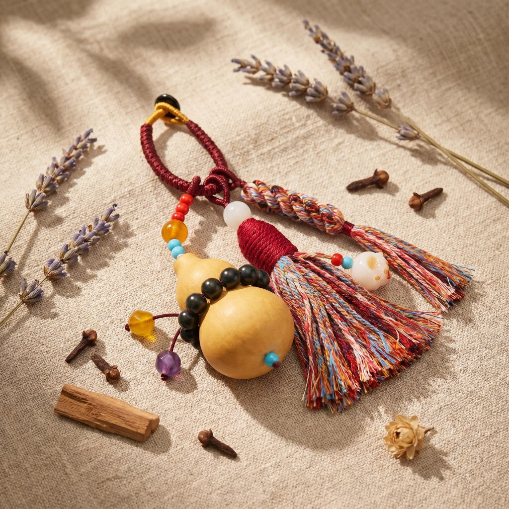 Somnium Dream-Spirit incense gourd bag pendant with wooden gourd, bead accents and woven tassel