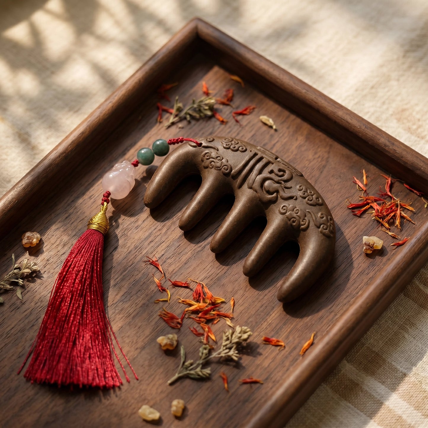 HERBAL SCENT Botanical Hair-Wellness Comb - Pixiu Pendant & Pet-Friendly Design
