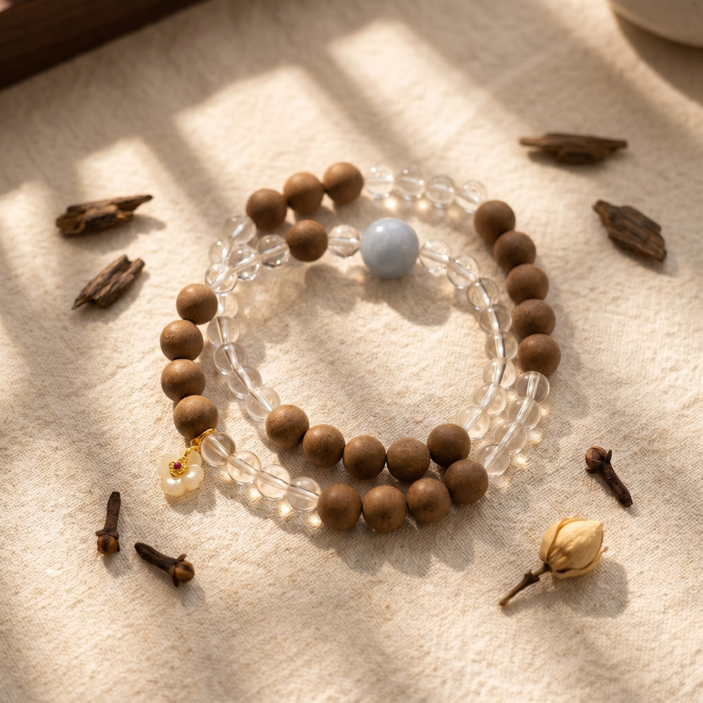 【Repose】HERBAL SCENT Agarwood & White Crystal Double-Strand Bracelet - Goose Pear Palace Blend Mind-Calming