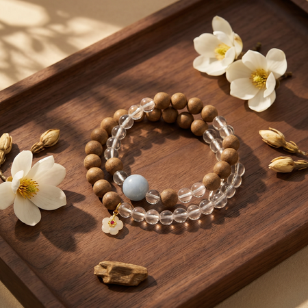 【Repose】HERBAL SCENT Agarwood & White Crystal Double-Strand Bracelet - Goose Pear Palace Blend Mind-Calming