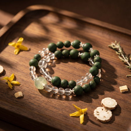 【Breeze】HERBAL SCENT Green Matte & Crystal Double-Strand Bracelet - Chamomile & Phellodendron Cooling Heritage Blend, Pet-Friendly