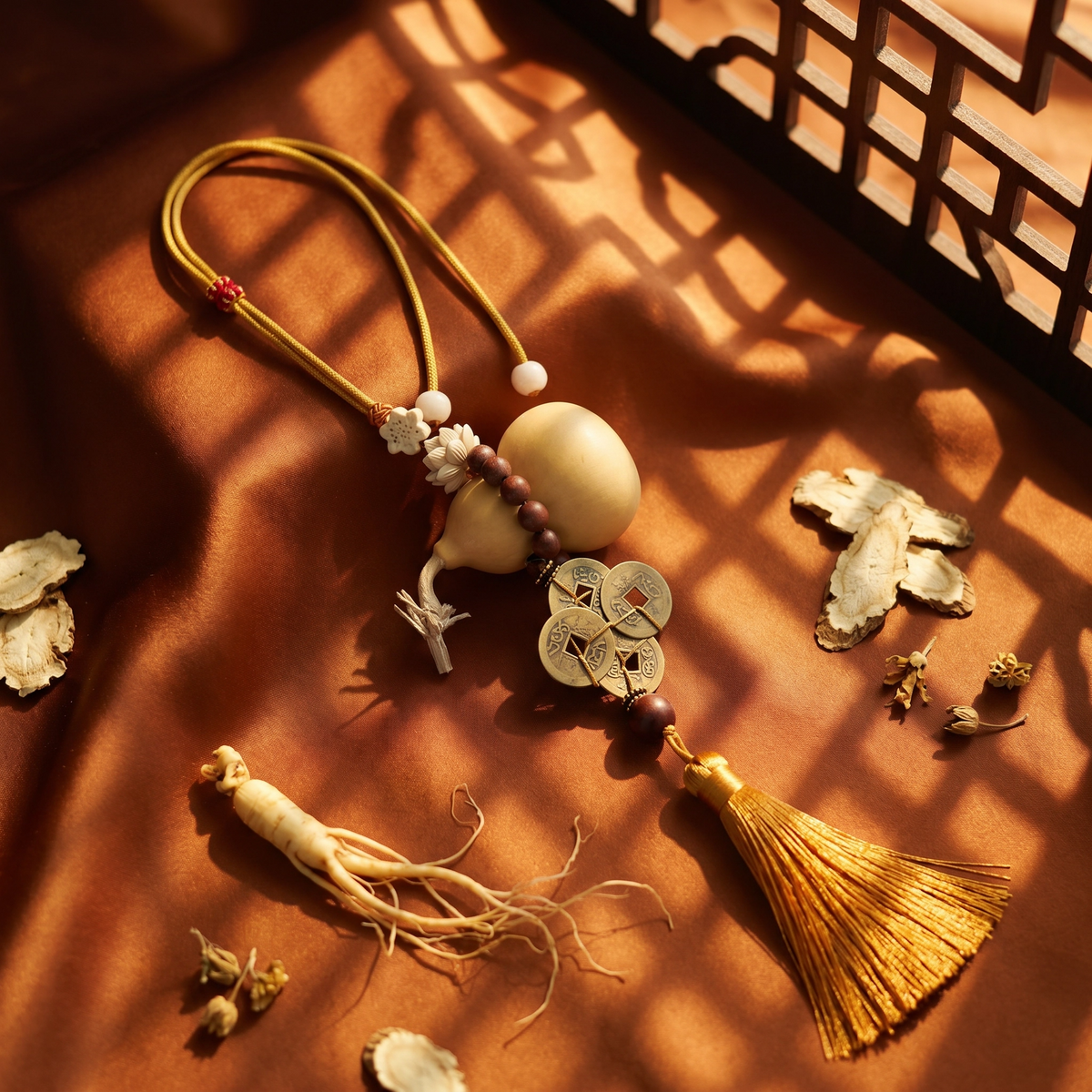 【Vitalizing】HERBAL SCENT Wealth-Attracting Vitality Car Charm - Ginseng Angelica Gourd & Five Emperor Coins