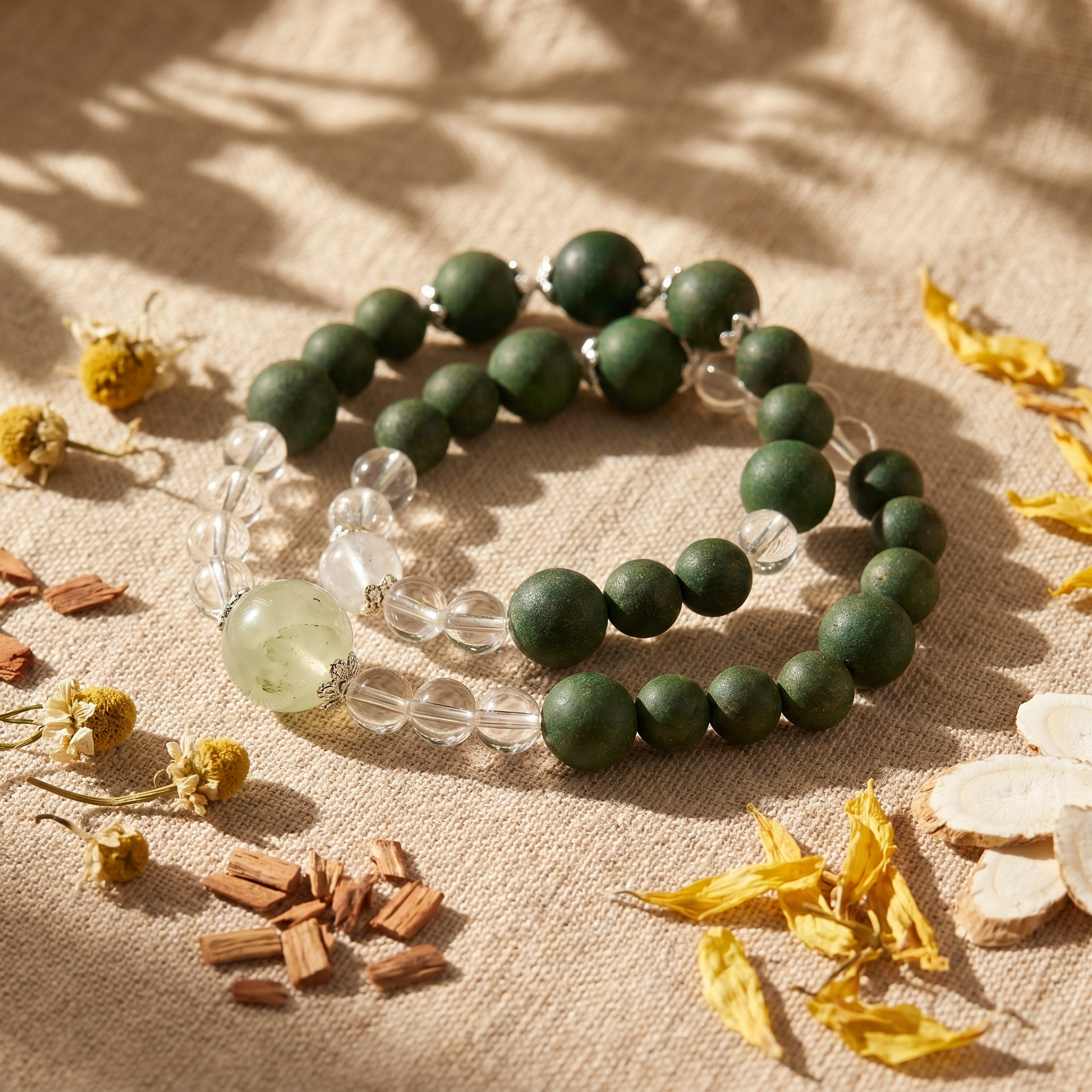 【Breeze】HERBAL SCENT Green Matte & Crystal Double-Strand Bracelet - Chamomile & Phellodendron Cooling Heritage Blend, Pet-Friendly
