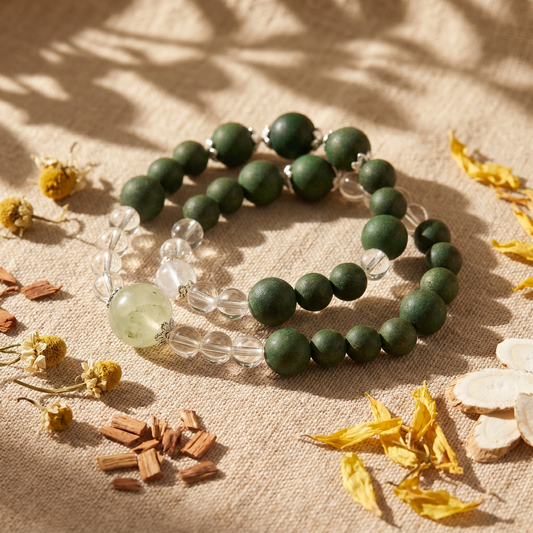 【Breeze】HERBAL SCENT Green Matte & Crystal Double-Strand Bracelet - Chamomile & Phellodendron Cooling Heritage Blend, Pet-Friendly
