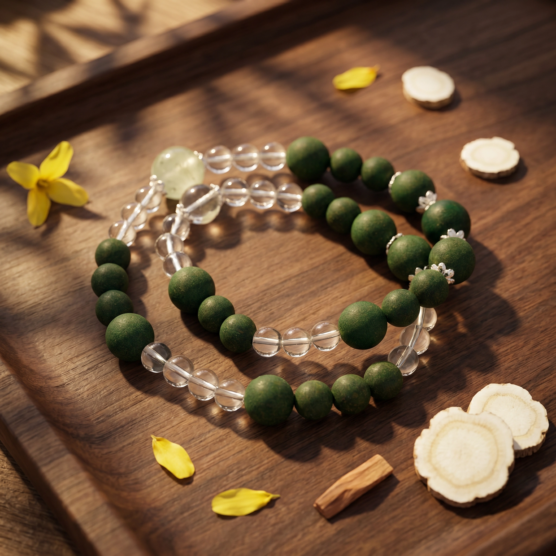 【Breeze】HERBAL SCENT Green Matte & Crystal Double-Strand Bracelet - Chamomile & Phellodendron Cooling Heritage Blend, Pet-Friendly