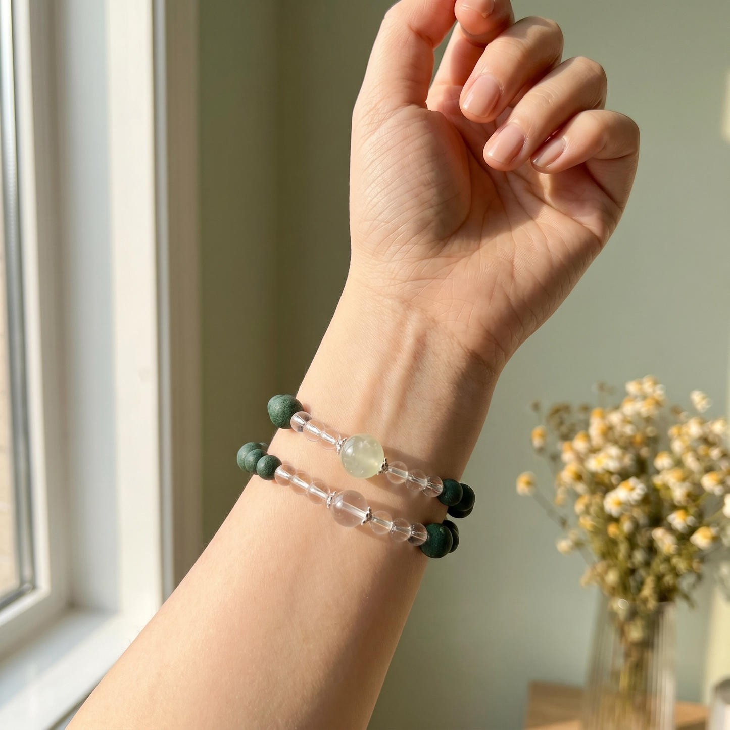 【Breeze】HERBAL SCENT Green Matte & Crystal Double-Strand Bracelet - Chamomile & Phellodendron Cooling Heritage Blend, Pet-Friendly