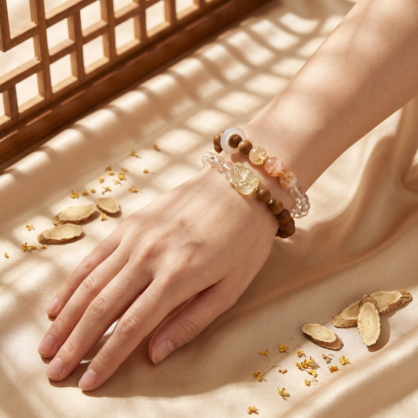 【Honeyed】HERBAL SCENT Amber Fox & Crystal Double-Strand Bracelet - Ginseng & Osmanthus Warming Floral Blend, 100% Pet-Safe