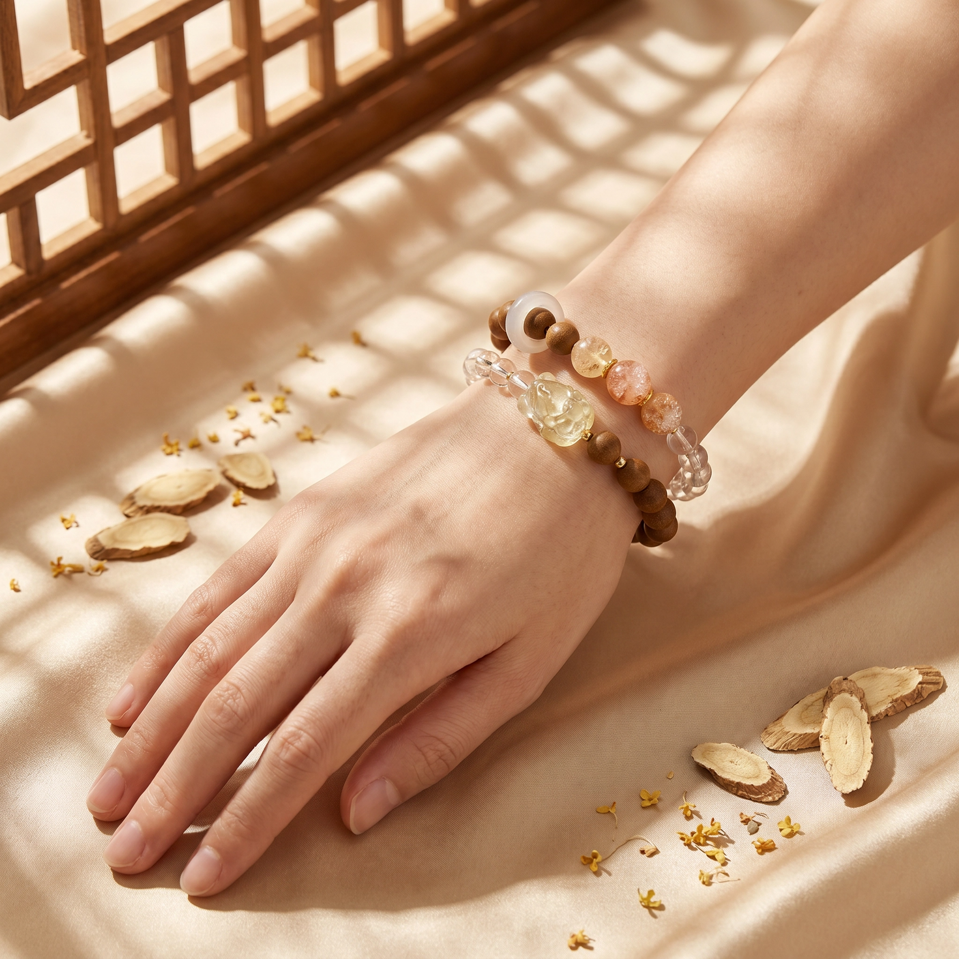 【Honeyed】HERBAL SCENT Amber Fox & Crystal Double-Strand Bracelet - Ginseng & Osmanthus Warming Floral Blend, 100% Pet-Safe