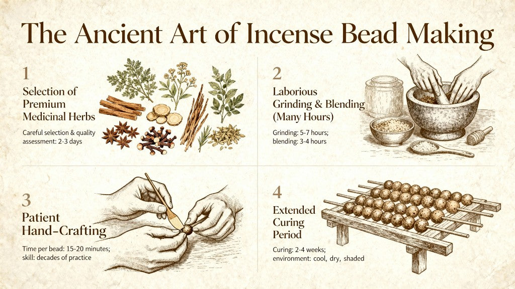 The Ancient Art of Incense Bead Making — herb selection, grinding, hand-crafting, and curing