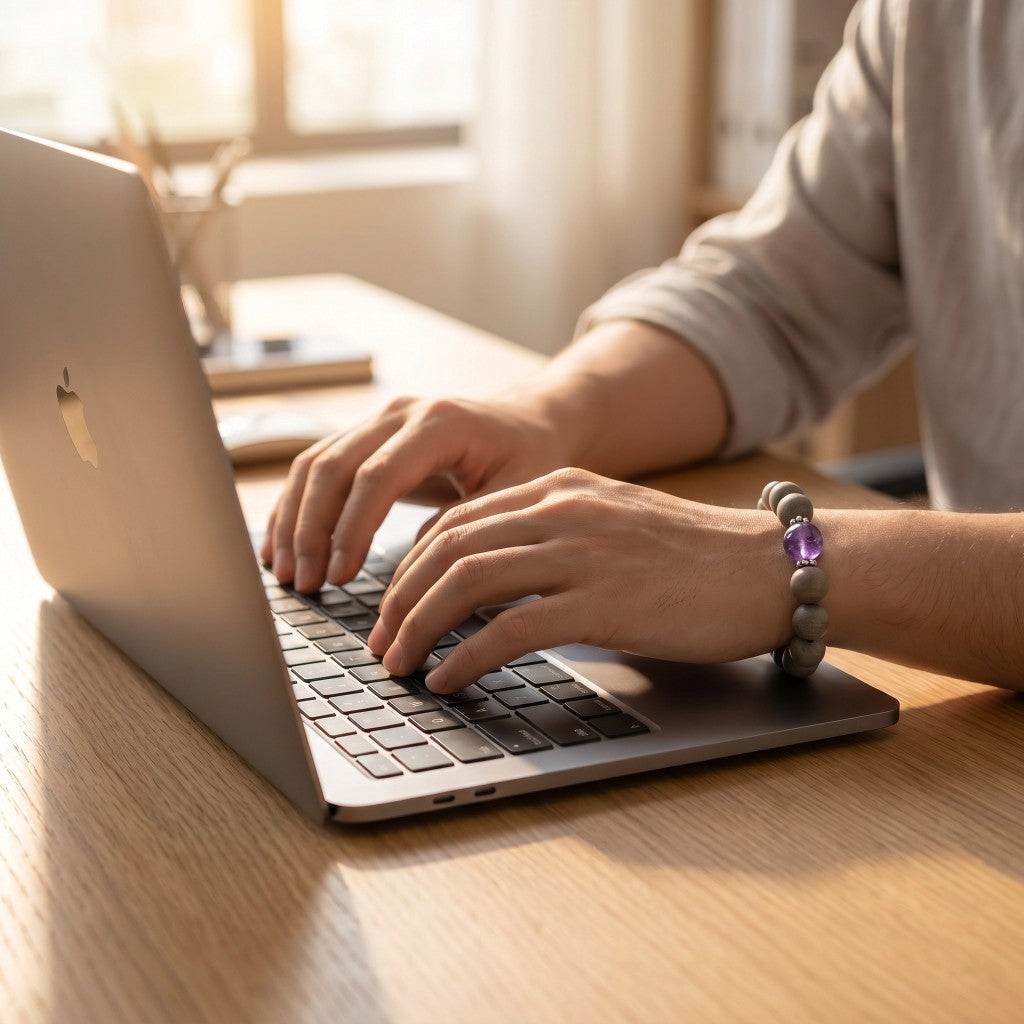 Wearing a Herbal Scent bracelet while typing at a laptop